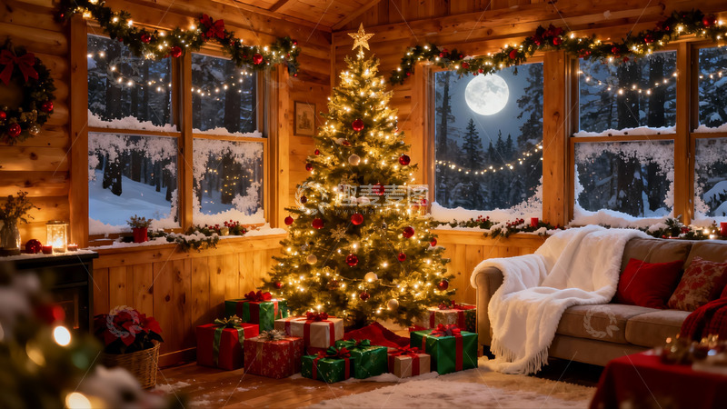 高清大图下载【趣麦麦图】温馨圣诞夜木屋室内场景