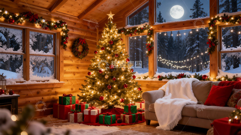 高清大图下载【趣麦麦图】温馨圣诞夜木屋室内场景