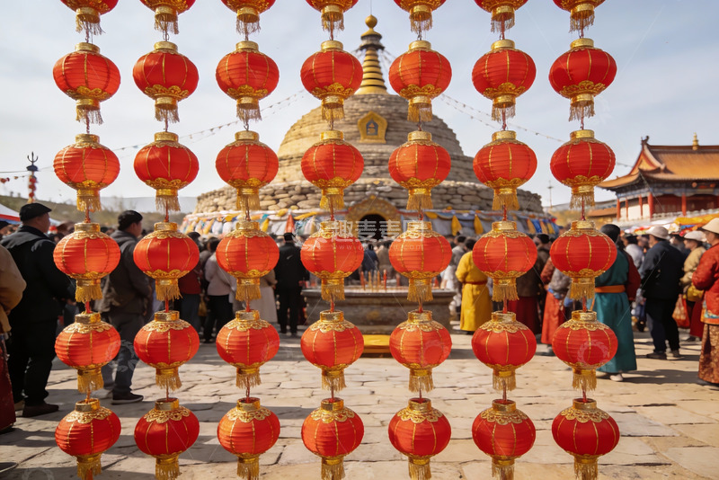 高清大图下载【趣麦麦图】红灯笼装饰下的寺庙祈福场景
