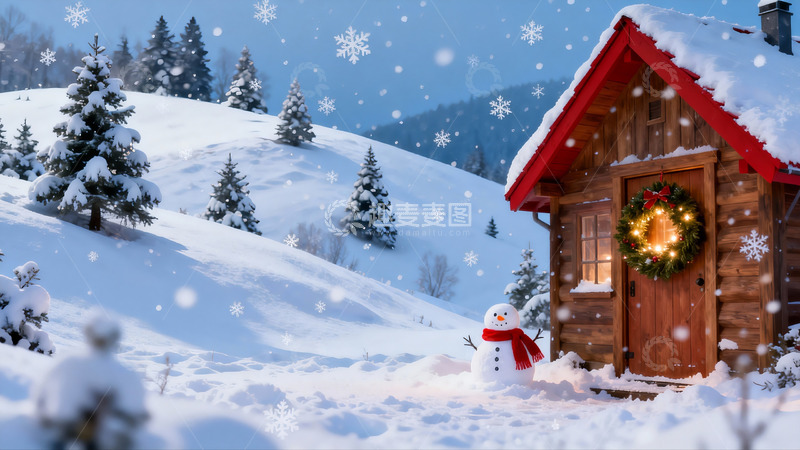 高清大图下载【趣麦麦图】雪景木屋与雪人冬日景象