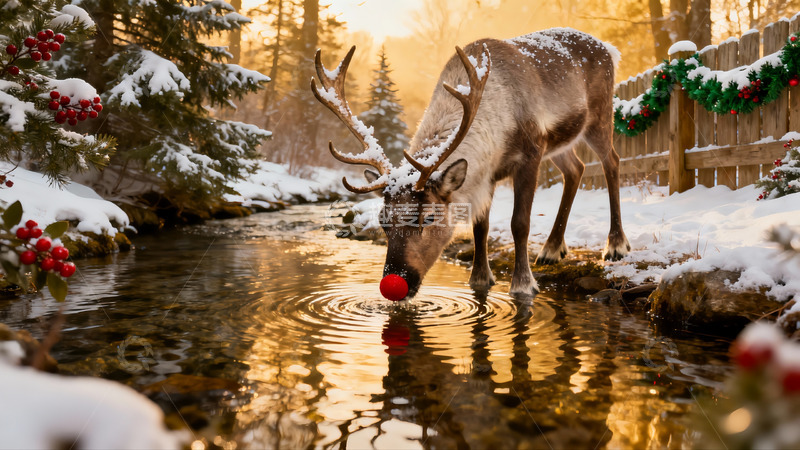 高清大图下载【趣麦麦图】雪地驯鹿饮水红球点缀
