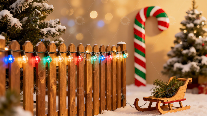 高清大图下载【趣麦麦图】圣诞雪景木栅栏与雪橇