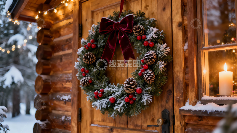 高清大图下载【趣麦麦图】雪夜木屋门上的圣诞花环