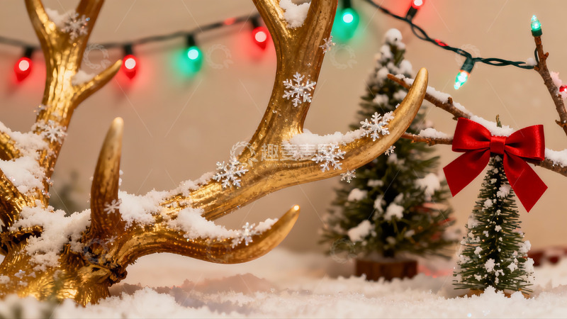 高清大图下载【趣麦麦图】金色鹿角雪景圣诞装饰