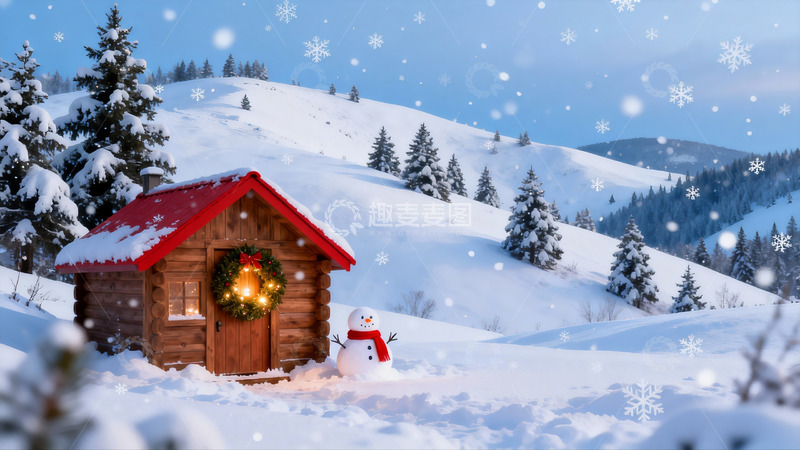 高清大图下载【趣麦麦图】雪景木屋与雪人冬日美景