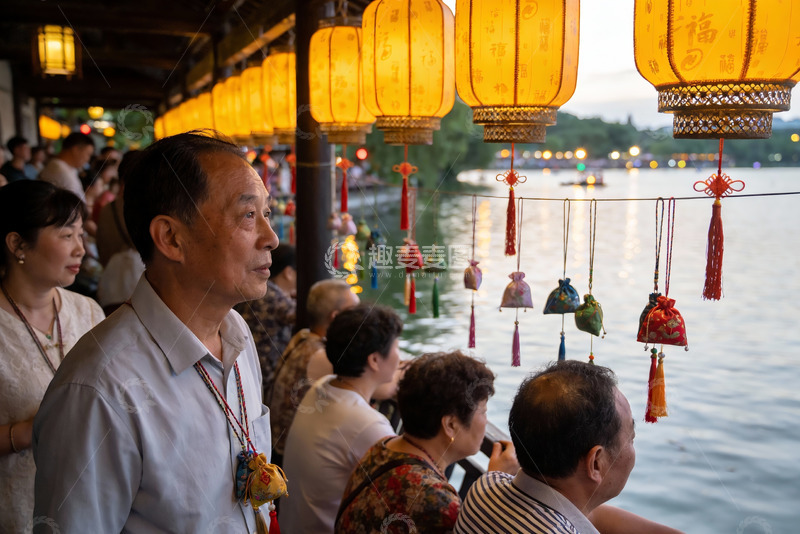高清大图下载【趣麦麦图】夜游湖畔赏灯笼祈福人群