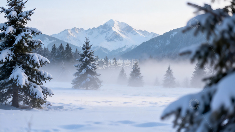 高清大图下载【趣麦麦图】雪覆松林远眺雪山
