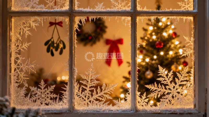 高清大图下载【趣麦麦图】窗前圣诞树与霜花夜景