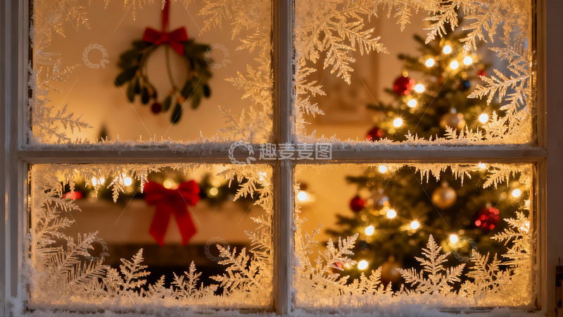 高清大图下载【趣麦麦图】窗上霜花映圣诞树
