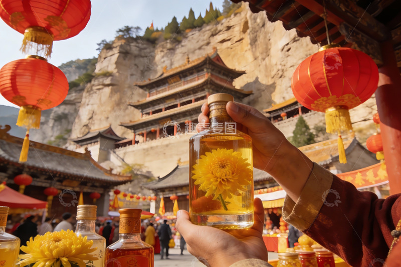 高清大图下载【趣麦麦图】手持菊花酒瓶与古寺红灯笼