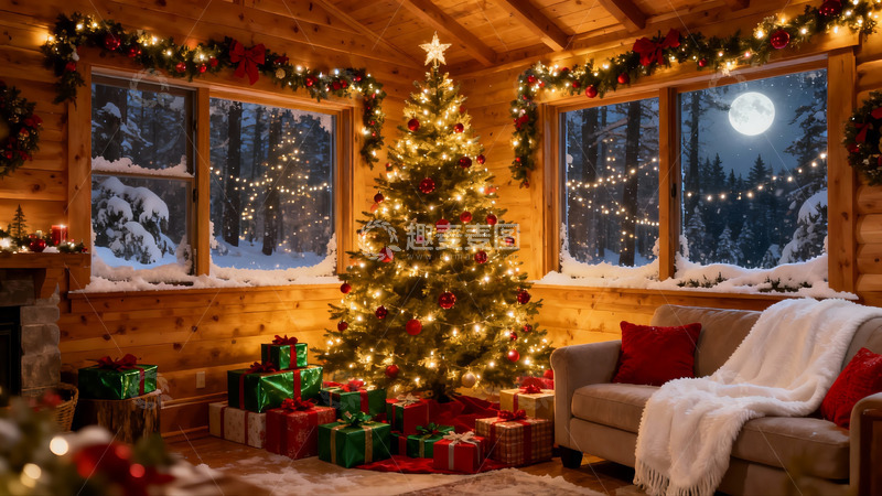 高清大图下载【趣麦麦图】温馨圣诞夜木屋场景