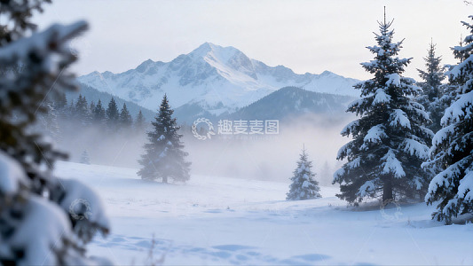 雪覆山林雾气缭绕冬日美景