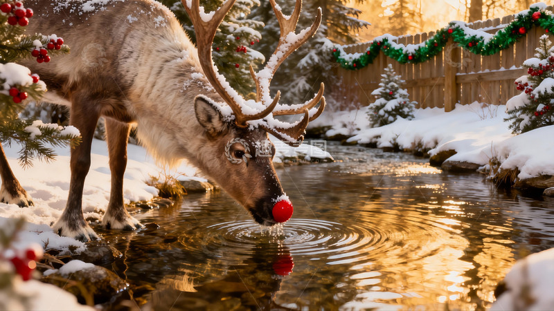 高清大图下载【趣麦麦图】雪地驯鹿饮水红鼻点缀