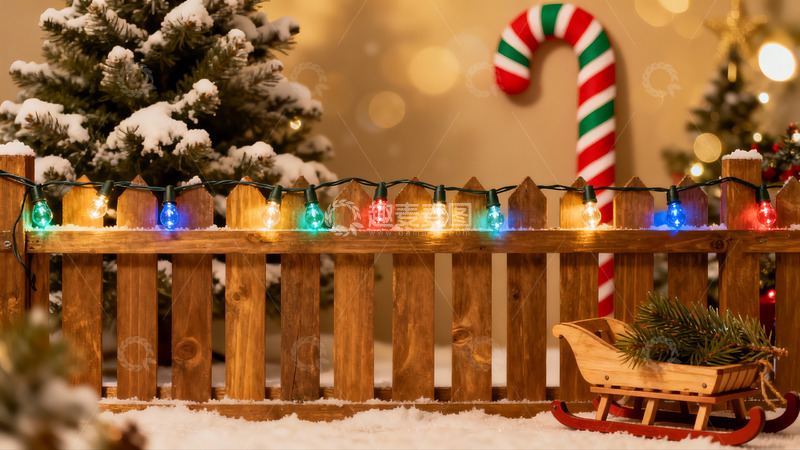 高清大图下载【趣麦麦图】圣诞雪景木栅栏与糖果拐杖
