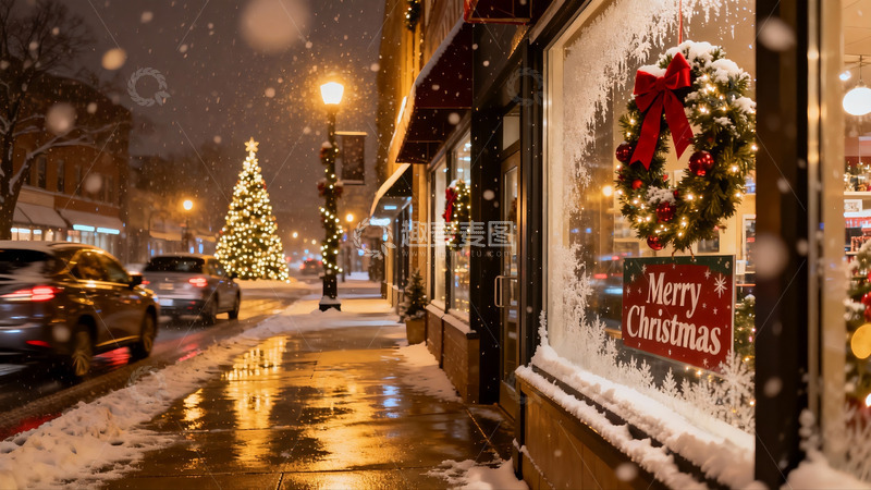 高清大图下载【趣麦麦图】雪夜圣诞街景 车辆行人点缀