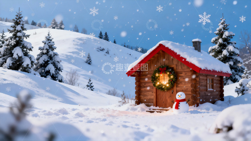 高清大图下载【趣麦麦图】雪景木屋与雪人冬日童话