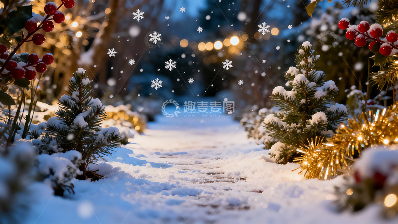 高清大图下载【趣麦麦图】雪夜小径灯光闪烁