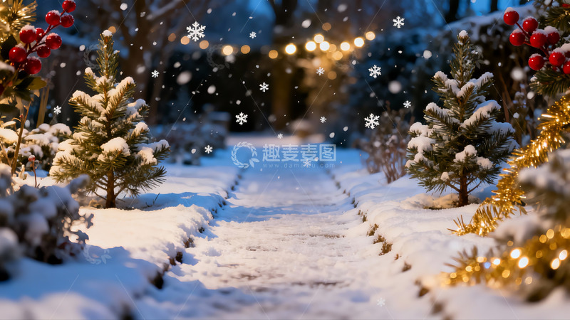 高清大图下载【趣麦麦图】雪夜小径灯光闪烁