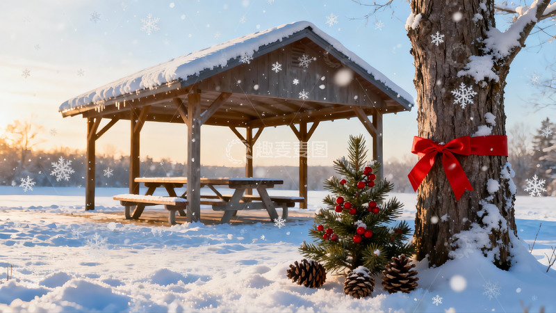 高清大图下载【趣麦麦图】雪地木亭圣诞树装饰场景