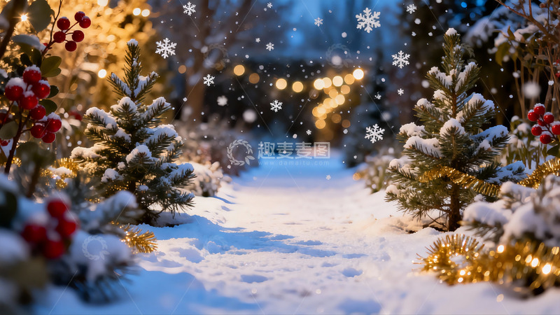 高清大图下载【趣麦麦图】雪夜小径灯光闪烁