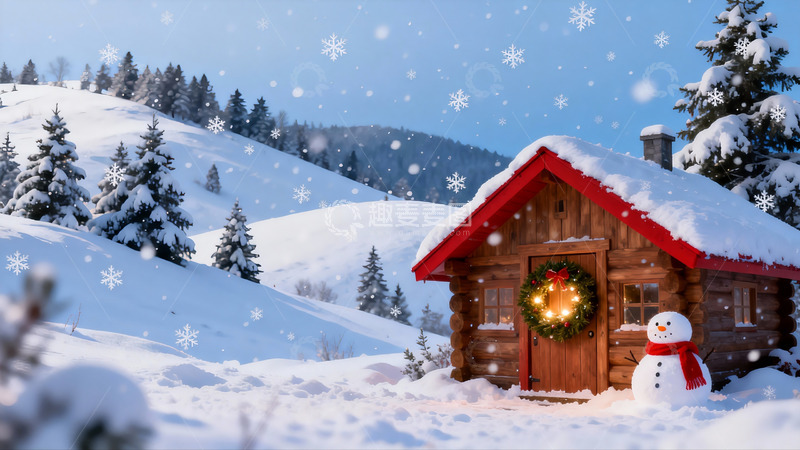 高清大图下载【趣麦麦图】雪景木屋与雪人