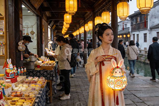 古街夜市汉服女子提灯漫步