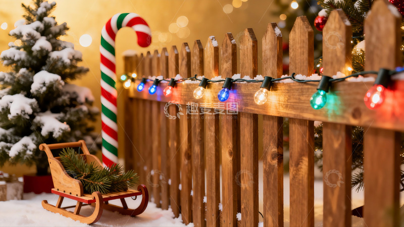 高清大图下载【趣麦麦图】圣诞雪景木栅栏与雪橇