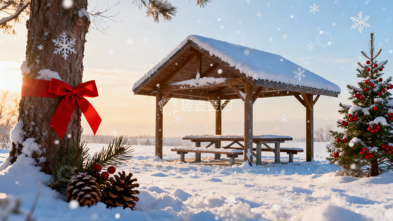 高清大图下载【趣麦麦图】雪地圣诞亭与松树
