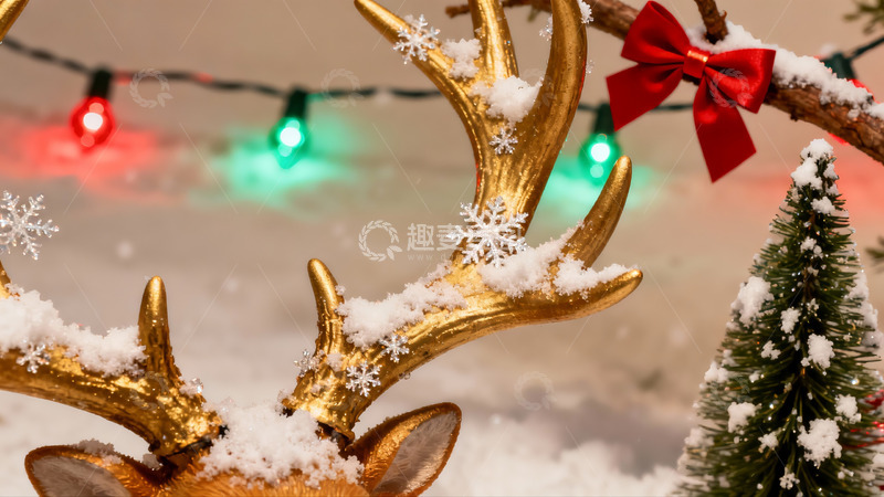 高清大图下载【趣麦麦图】金色鹿角雪景圣诞装饰