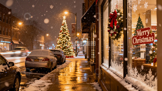 雪夜圣诞街景 车辆停靠 店铺装饰