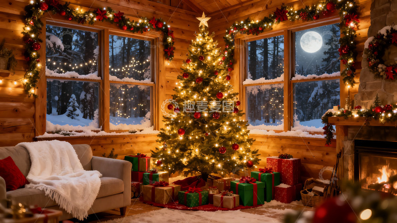 高清大图下载【趣麦麦图】温馨圣诞夜木屋场景