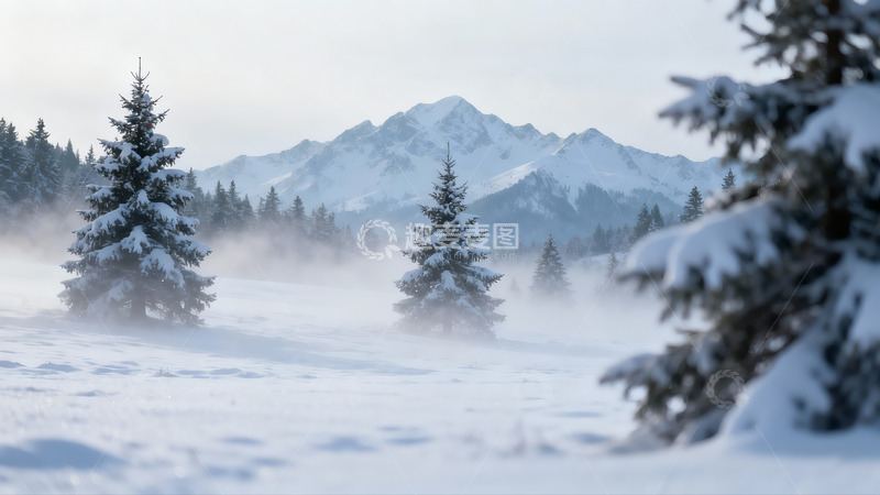 高清大图下载【趣麦麦图】雪覆山林雾气缭绕冬日景象