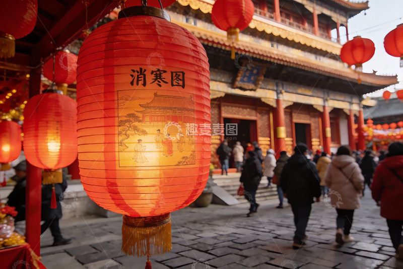 高清大图下载【趣麦麦图】古建筑前红灯笼与行人