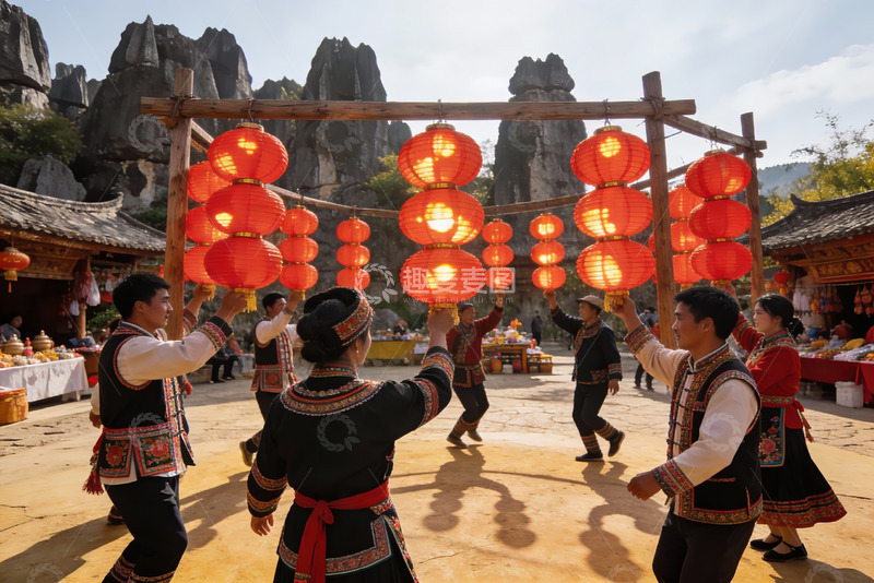 高清大图下载【趣麦麦图】民族服饰人群挂红灯笼庆祝活动