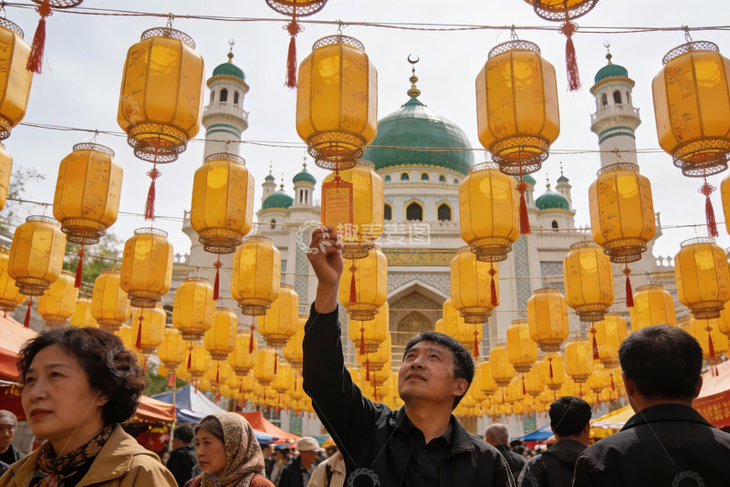 高清大图下载【趣麦麦图】灯笼节庆人群与清真寺