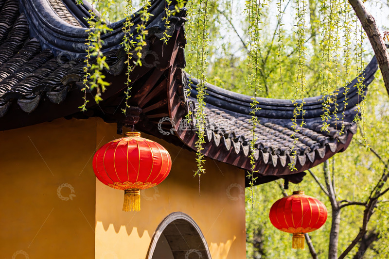 高清大图下载【趣麦麦图】古建筑红灯笼垂柳