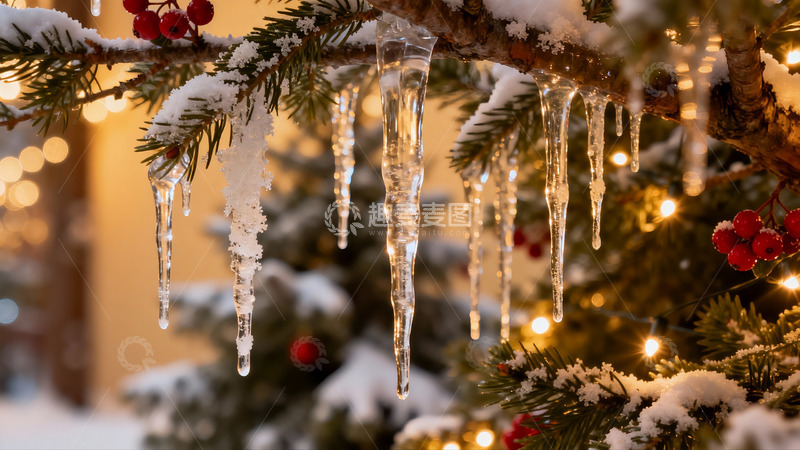 高清大图下载【趣麦麦图】雪挂冰凌松枝冬夜