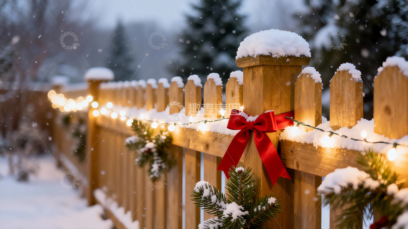 高清大图下载【趣麦麦图】雪中木栅栏节日装饰