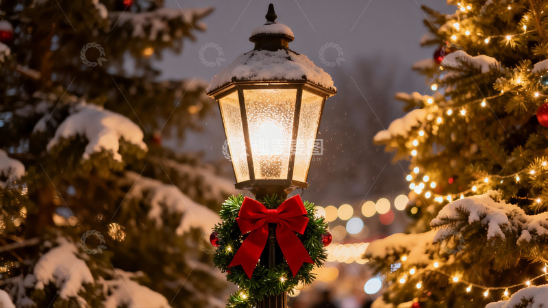 高清大图下载【趣麦麦图】雪夜圣诞灯饰与松树