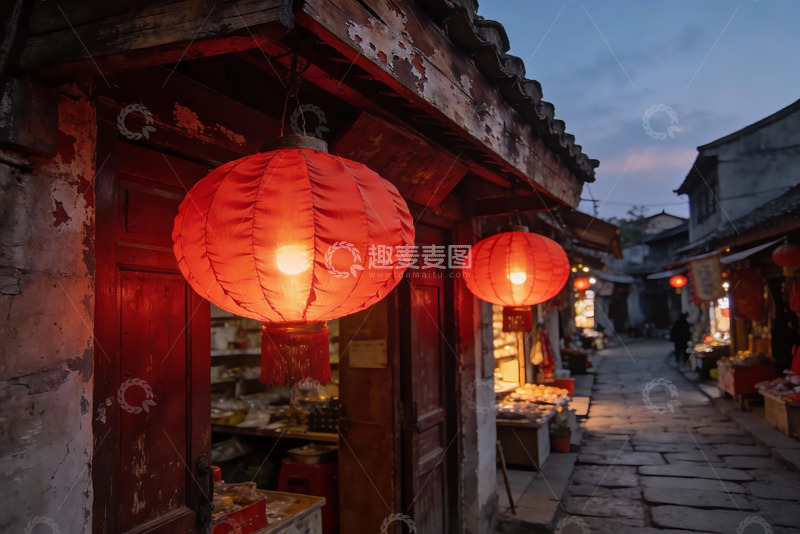高清大图下载【趣麦麦图】古街夜景红灯笼高挂