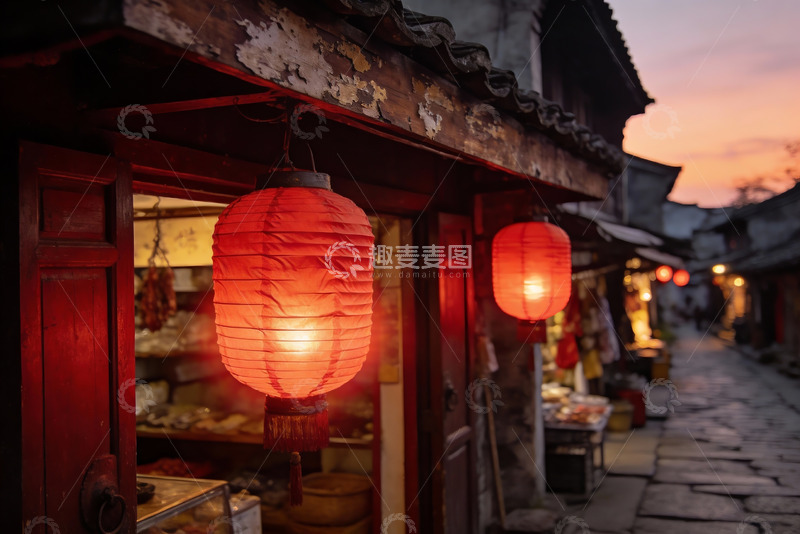 高清大图下载【趣麦麦图】古街夜景红灯笼高挂
