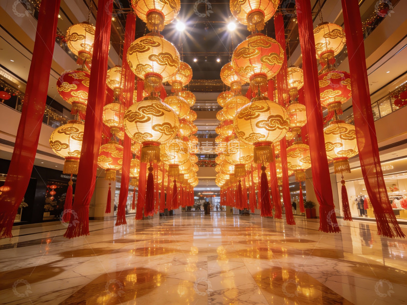 高清大图下载【趣麦麦图】商场内挂满红灯笼的节日装饰