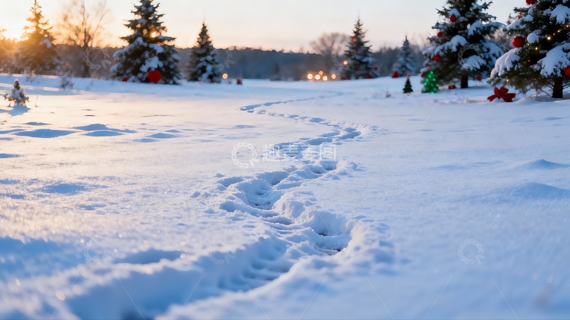 高清大图下载【趣麦麦图】雪地脚印与圣诞树