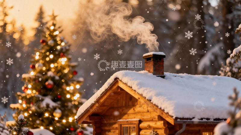 高清大图下载【趣麦麦图】雪夜木屋与圣诞树
