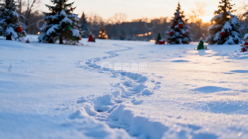 高清大图下载【趣麦麦图】雪地圣诞树小径日落