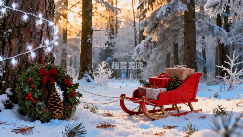 高清大图下载【趣麦麦图】雪地圣诞雪橇与花环