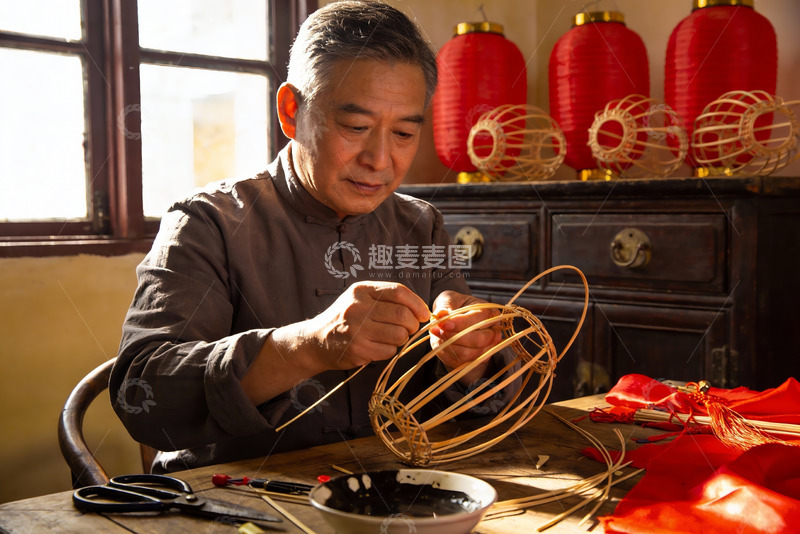 高清大图下载【趣麦麦图】老人制作传统灯笼的手工艺场景