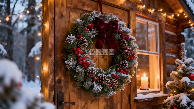 高清大图下载【趣麦麦图】雪夜木屋圣诞花环与烛光