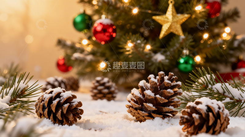 高清大图下载【趣麦麦图】雪地松果与圣诞树装饰