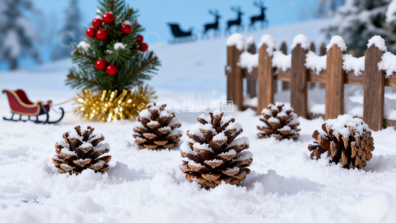 高清大图下载【趣麦麦图】雪地松果圣诞装饰场景